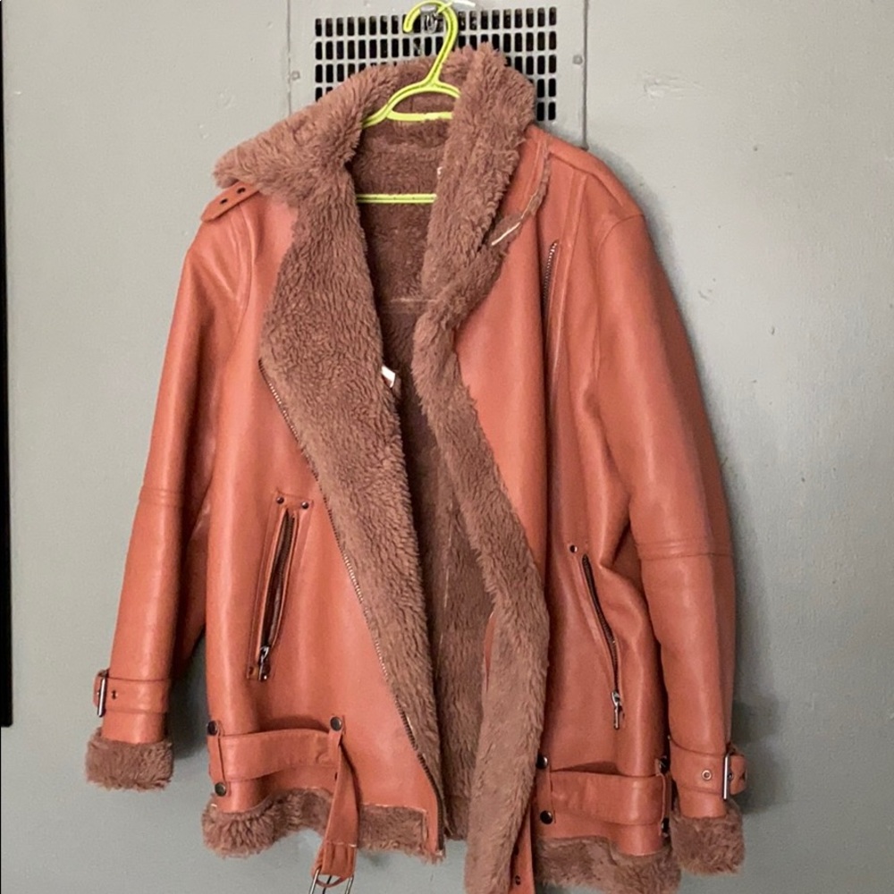 Dusty pink moto leather winter jacket